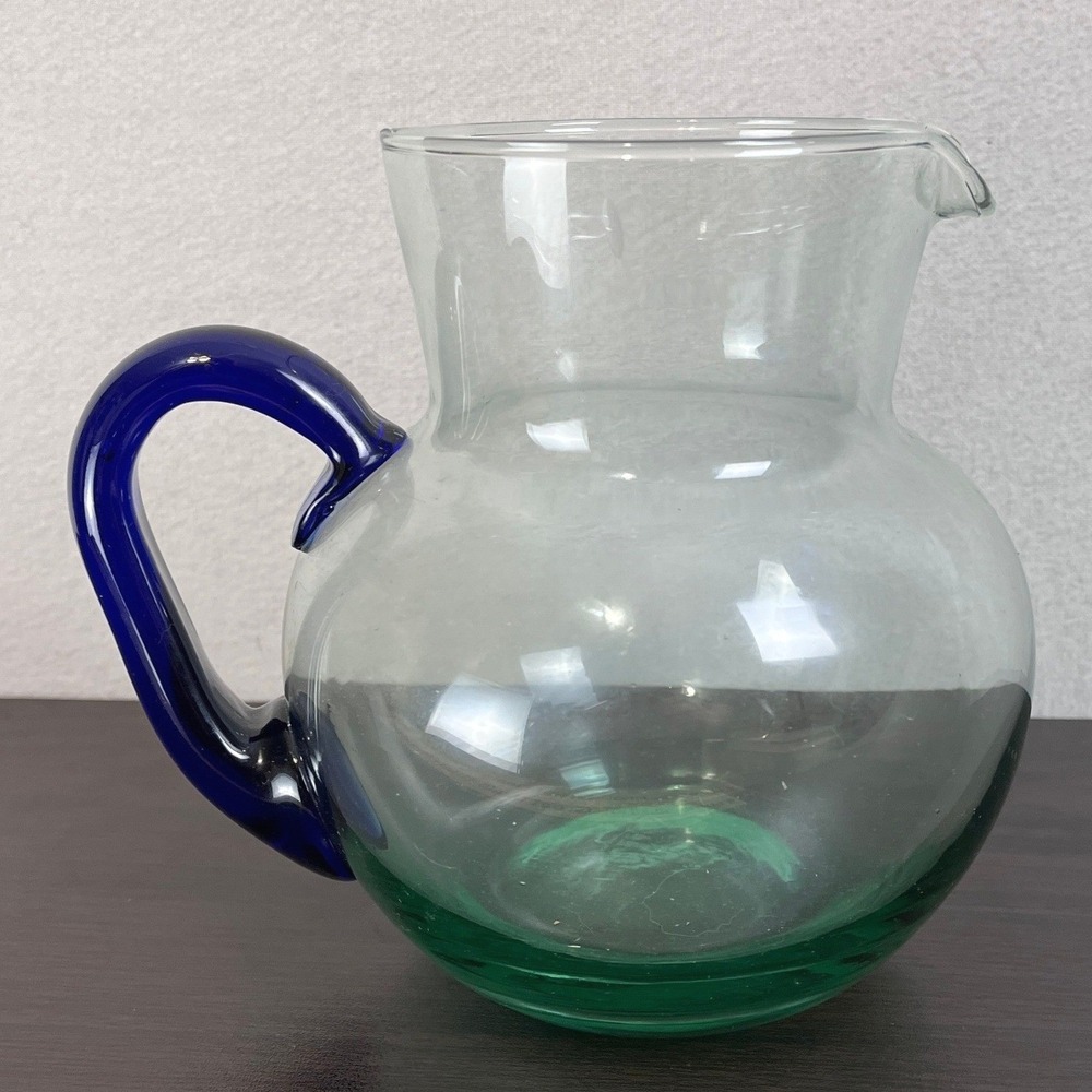 Hand Blown Mexican Glass Pitcher Cobalt Blue Handle Base Clear‎ Body 7 inch